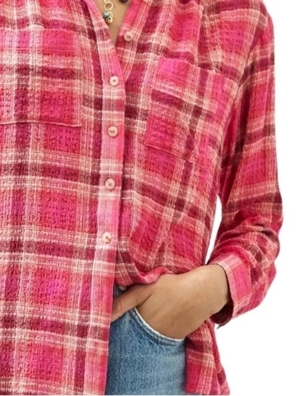 Anthropologie Pilcro Seamed Plaid Oversized Button Down Top Medium Pink Size S